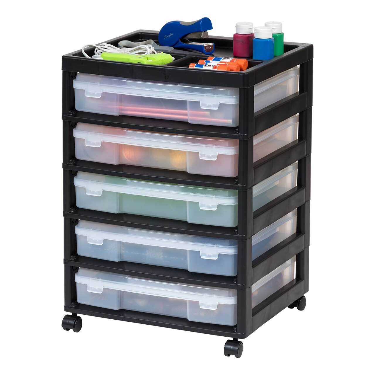IRIS USA 5 Drawers 12” x 12” Scrapbook Plastic Rolling Storage Cart with Organizer Top with Casters, Black/White